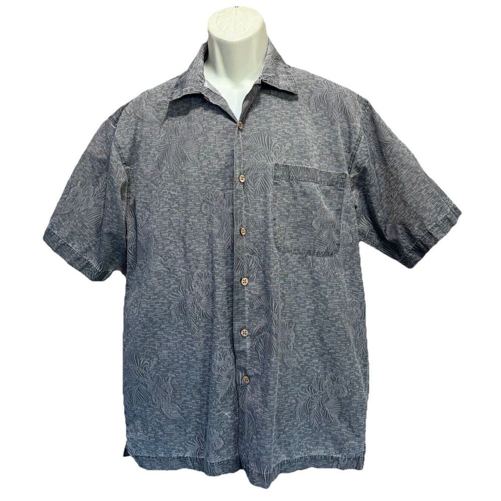 Faded Glory Gray Tropical Button Up Short Sleeve Shirt Size Medium Pockets